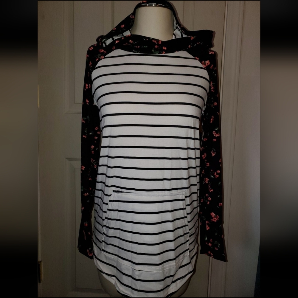 LuLaRoe Black and White Fitted Hoodie with Floral Sleeves
